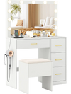 Vanity desk with lighted mirror, ample storage, and padded stool, perfect for makeup application and organization.