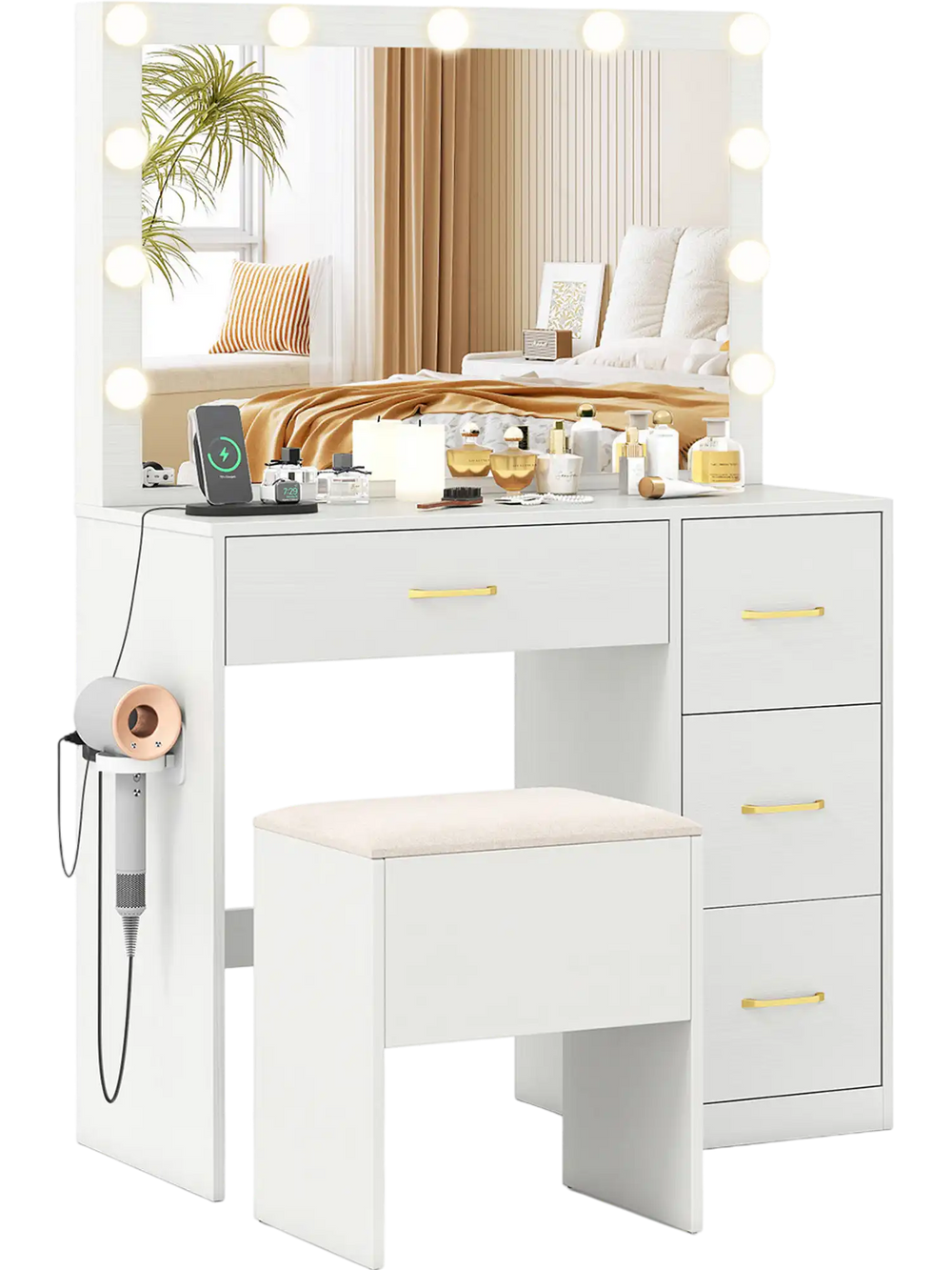 Vanity desk with lighted mirror, ample storage, and padded stool, perfect for makeup application and organization.