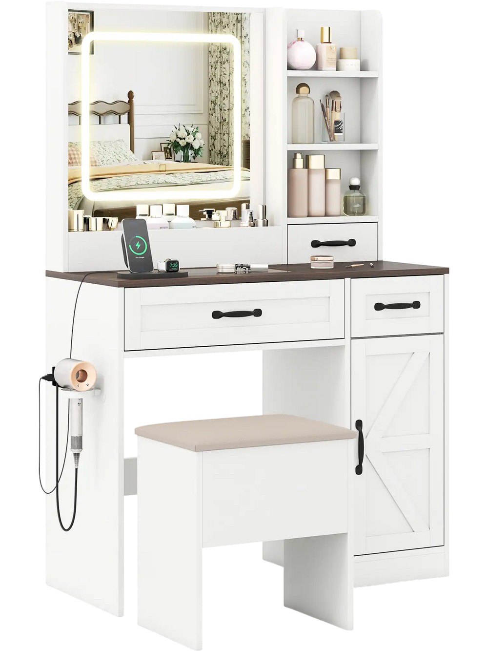 Vanity desk with lighted mirror, ample storage, and a stool, designed in white farmhouse style for makeup application.