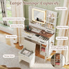 Vanity desk with mirror and lights in white, featuring ample storage, adjustable brightness, and a matching stool for.