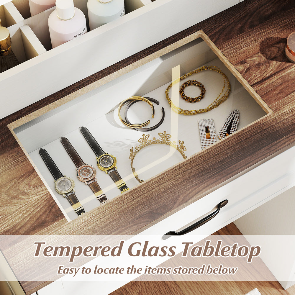 Vanity desk with tempered glass tabletop showcasing jewelry and watches, ideal for organized makeup storage.