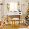 Vanity desk with illuminated mirror, 3 drawers, and cushioned stool, perfect for makeup application in small spaces.