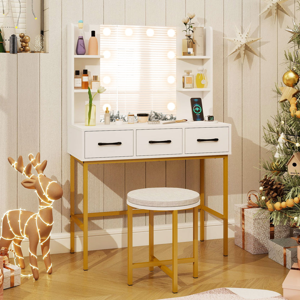 Vanity desk with illuminated mirror, 3 drawers, and cushioned stool, perfect for makeup application in small spaces.