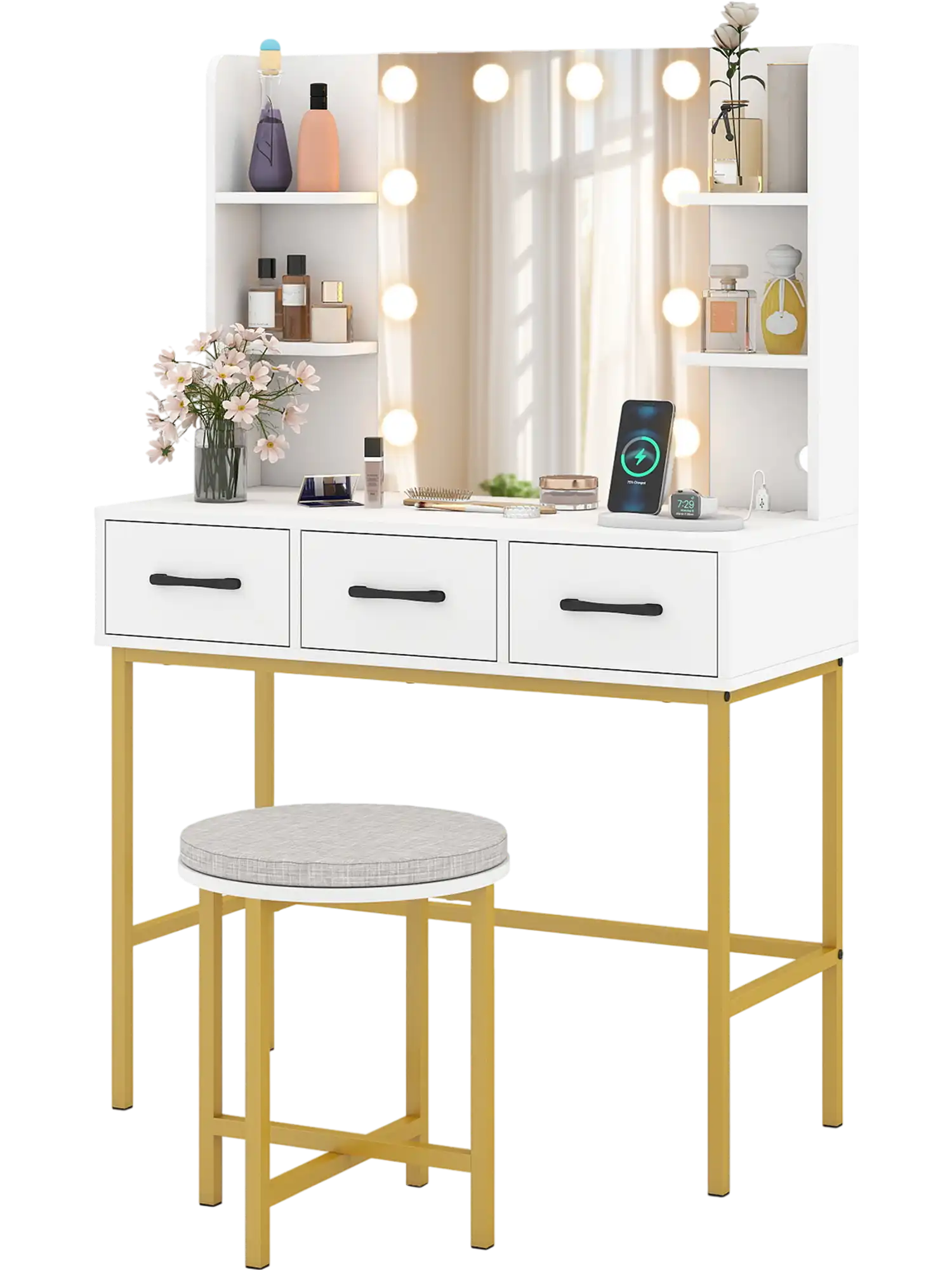 Costway Vanity Desk w/ Mirror & Lights Cushioned Stool Set 23601173 New