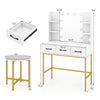 Vanity desk with illuminated mirror, 3 drawers, and 4 shelves, paired with a cushioned stool for compact spaces.