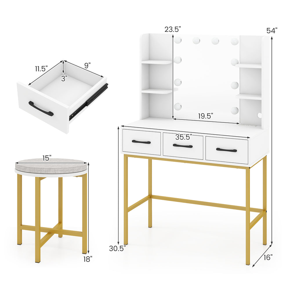 Vanity desk with illuminated mirror, 3 drawers, and 4 shelves, paired with a cushioned stool for compact spaces.