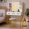 Vanity desk with illuminated mirror, adjustable brightness, and cushioned stool, perfect for makeup in small spaces.