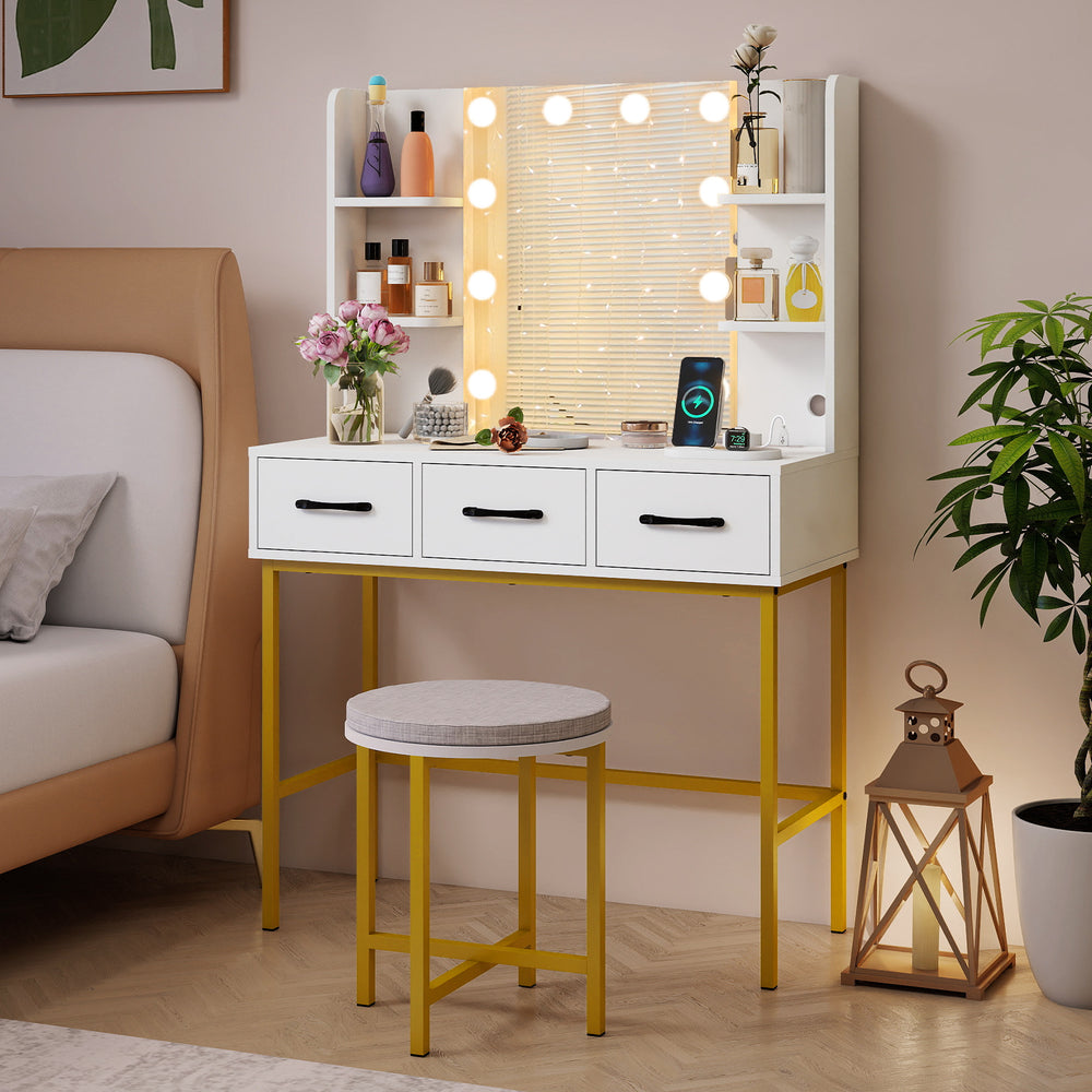 Vanity desk with illuminated mirror, adjustable brightness, and cushioned stool, perfect for makeup in small spaces.