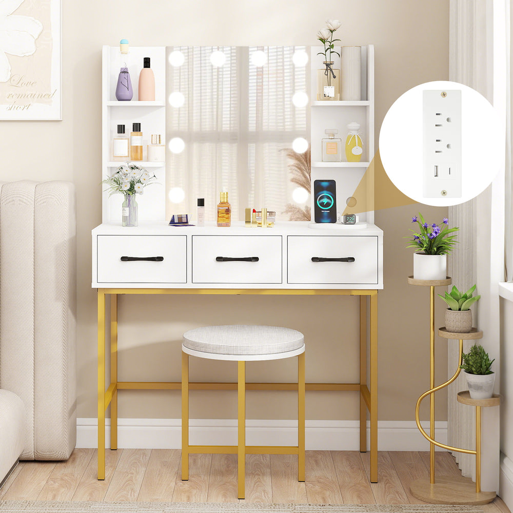 Vanity desk with illuminated mirror, adjustable brightness, and cushioned stool, perfect for small spaces.