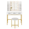 White vanity desk featuring illuminated mirror with 3 color modes, ample storage, and a cushioned stool for beauty.