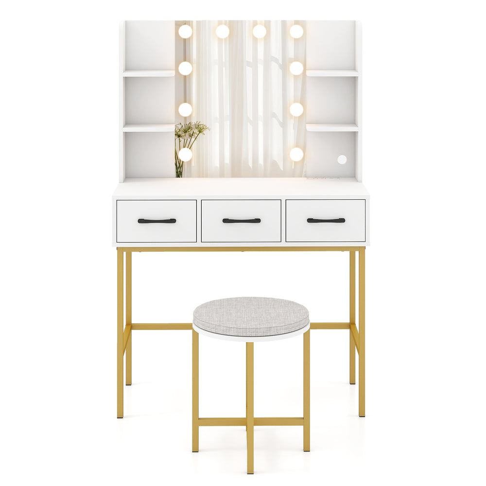 White vanity desk featuring illuminated mirror with 3 color modes, ample storage, and a cushioned stool for beauty.