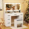 Vanity desk with LED mirror and lights, white finish, includes matching stool, ample storage, and built-in power.