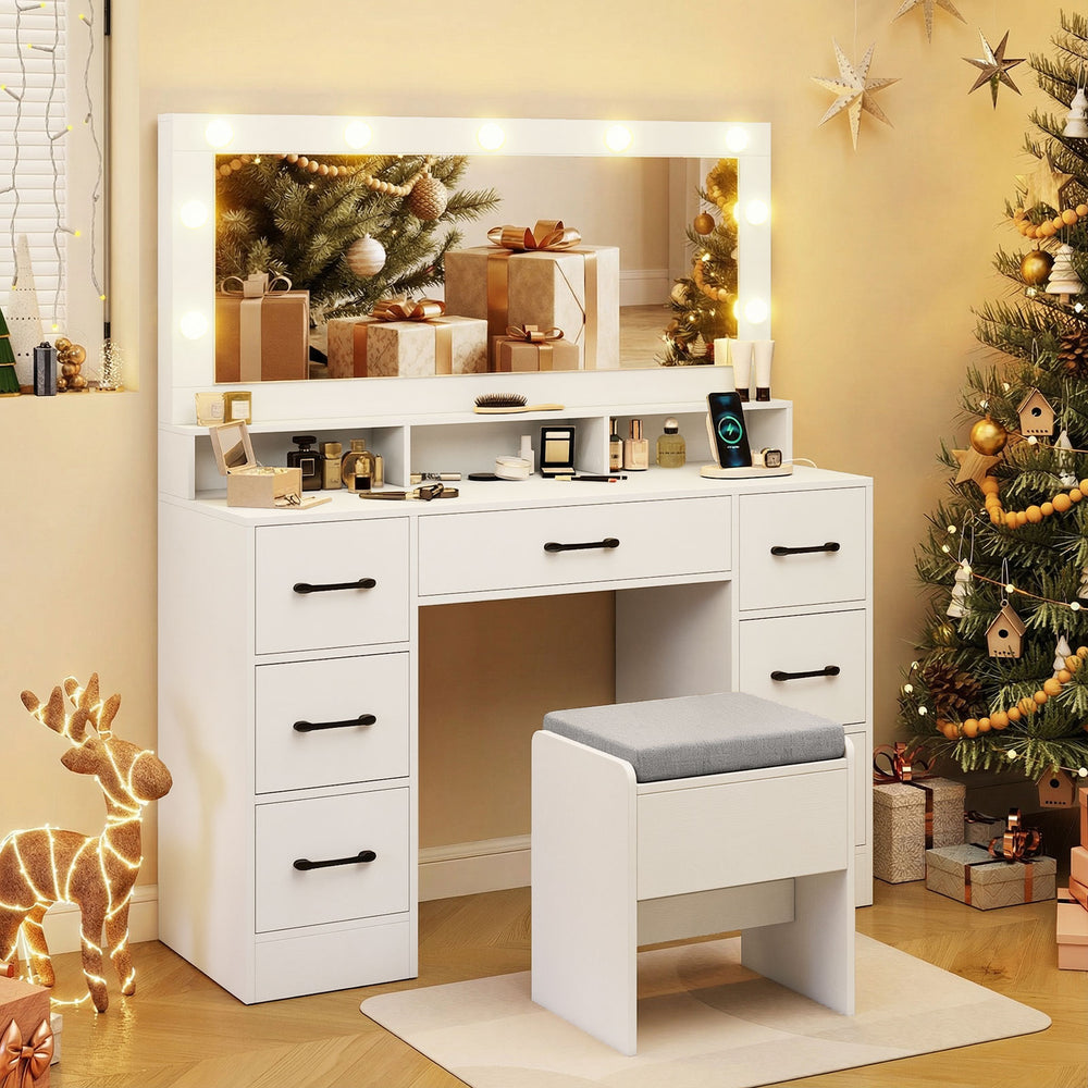 Vanity Desk with Mirror and Lights Makeup Table with Power Outlets-White - Gallery View 1 of 11