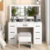 Vanity desk with mirror and LED lights in white, featuring 7 drawers, matching stool, and built-in power outlets.