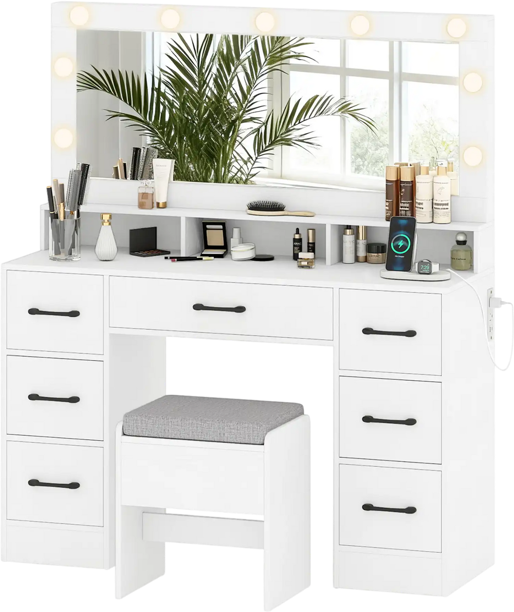 Vanity desk in white with LED mirror, 7 drawers, and matching stool, perfect for makeup application and storage.