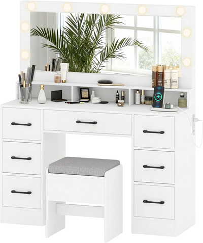 Costway LED Lighted Vanity Desk with Mirror Power Outlets 46072284 New