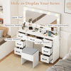Vanity desk with mirror and lights, featuring 7 drawers, spacious desktop, and built-in charging station for makeup.