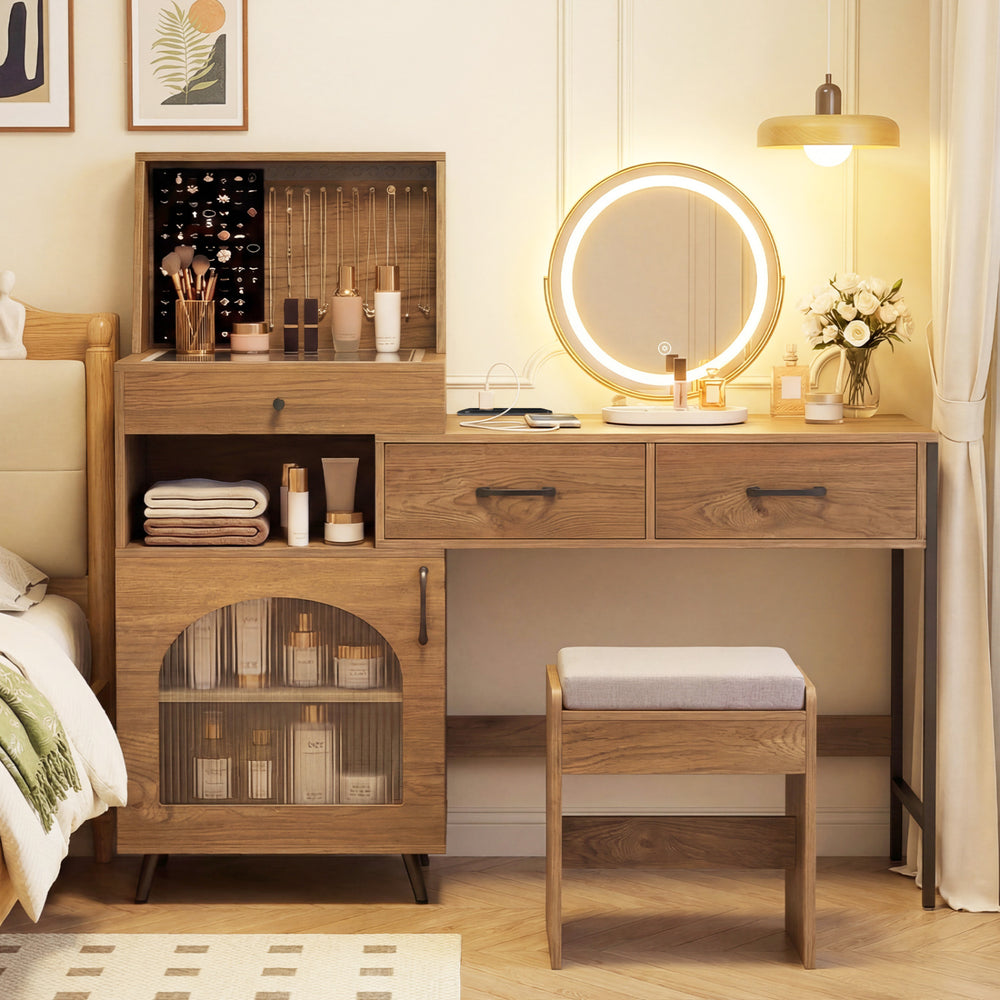 Cushioned stool complements the vanity desk, providing comfort while utilizing the 360-degree mirror and adjustable lighting.