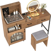 Vanity desk with a 360-degree rotatable mirror, storage compartments, and adjustable lighting for personalized makeup application.