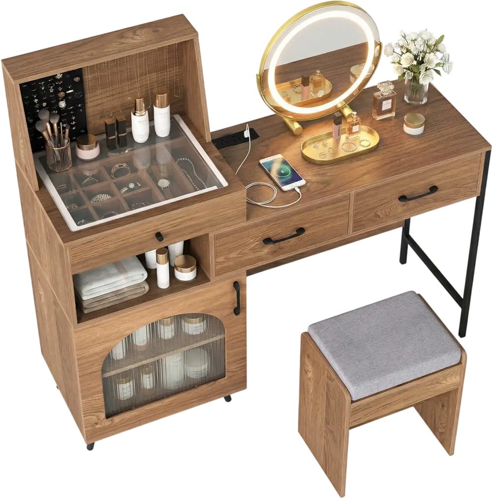 Vanity desk with a 360-degree rotatable mirror, storage compartments, and adjustable lighting for personalized makeup application.