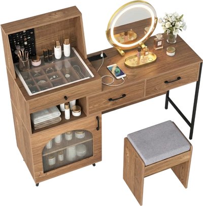 Costway Vanity Desk with Mirror & Lights Ring Slots Necklace Hooks 74386752 New