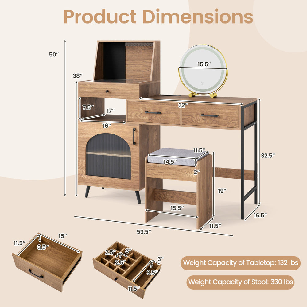 Vanity desk with a 360-degree mirror, three drawers, and jewelry storage, perfect for makeup organization and comfort.
