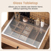 Glass tabletop of the vanity desk allows easy visibility of jewelry storage, featuring ring slots and necklace hooks.