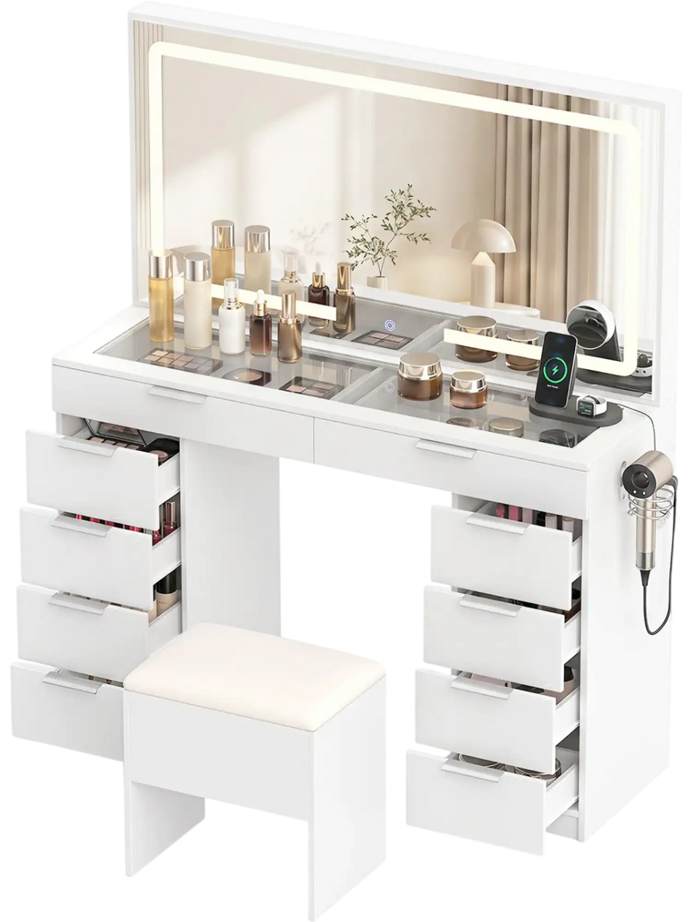 Vanity desk in white features adjustable lights, 10 drawers, a tempered glass top, and a matching cushioned stool.