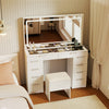 White vanity desk with adjustable lights, ample storage, and matching stool, perfect for makeup application and organization.