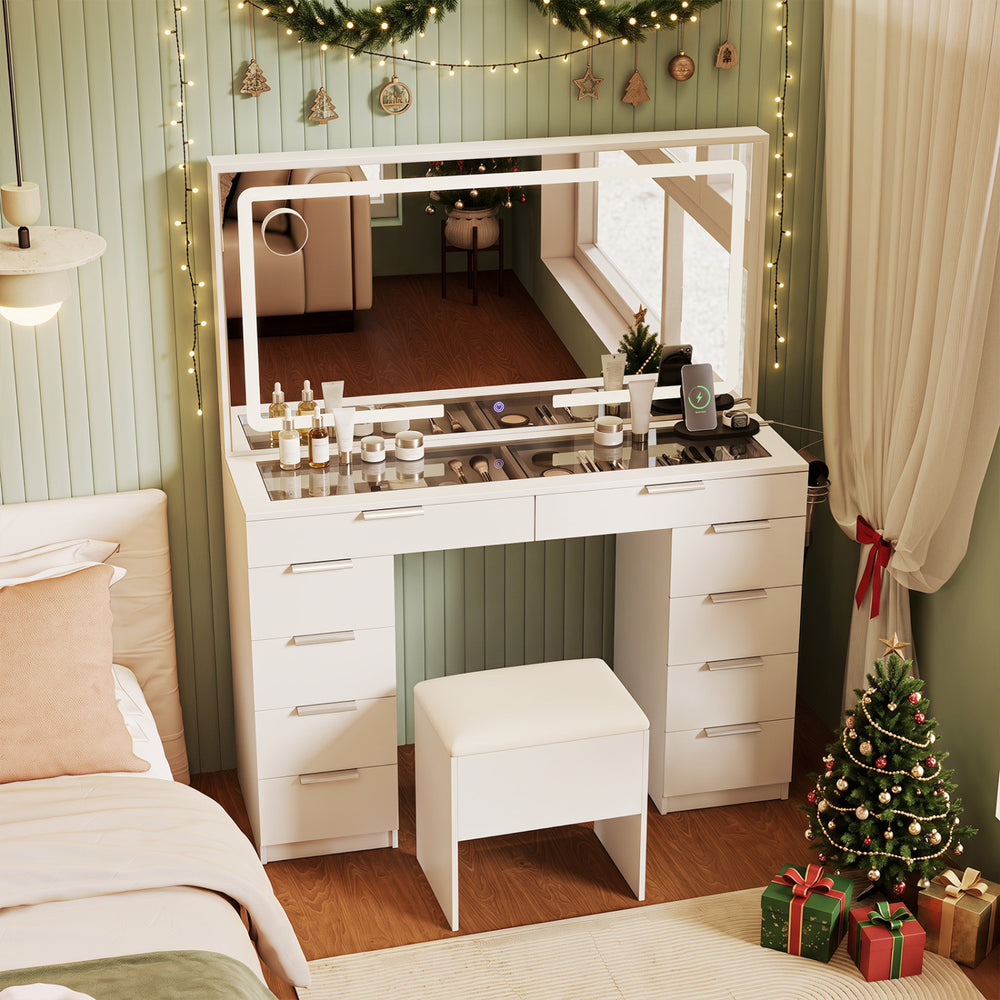 Vanity desk with adjustable lights, 10 drawers, and matching stool, perfect for makeup organization and charging devices.