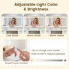 Adjustable light color and brightness feature on the vanity desk with mirror and stool for customized makeup lighting.