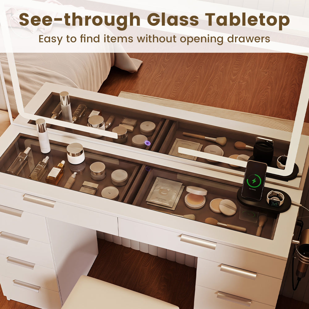 Vanity desk with a see-through glass tabletop, 10 drawers, and adjustable lights for easy makeup organization.