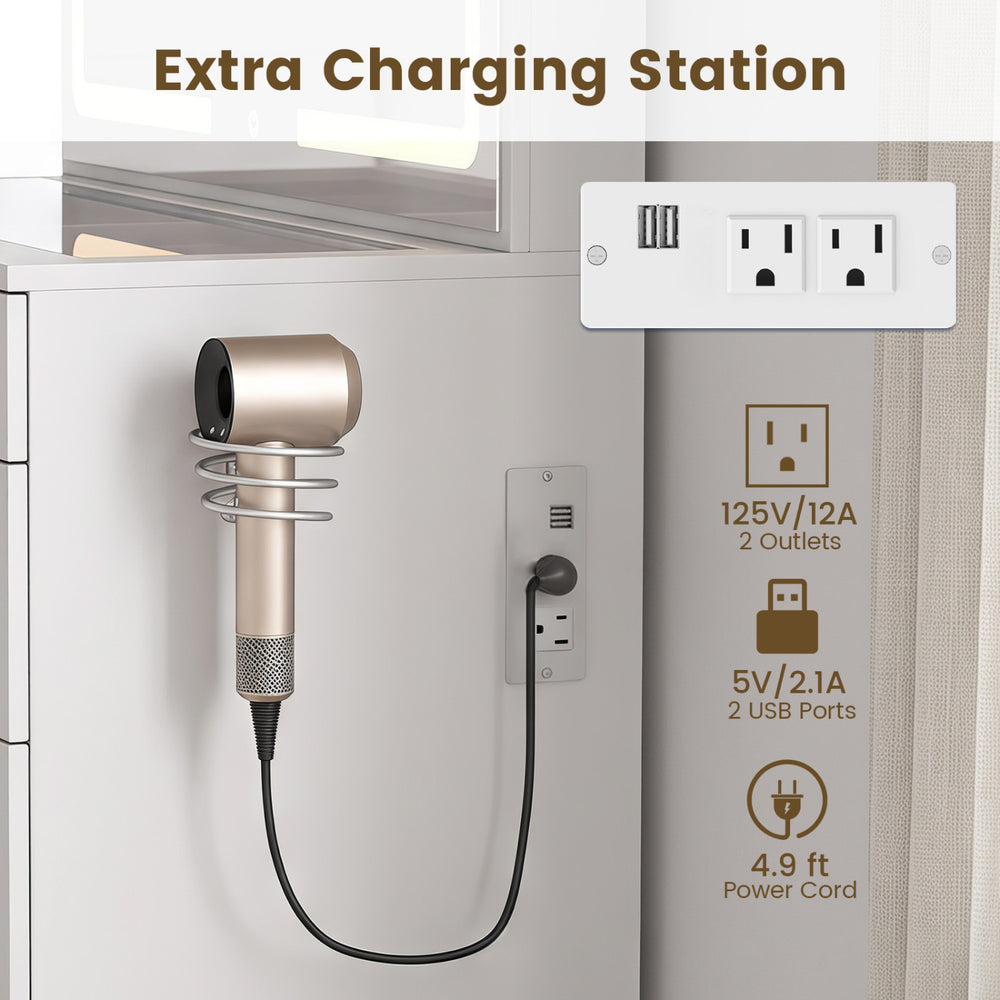 Charging station with 2 outlets and 2 USB ports, designed for the Vanity Desk with Mirror & Lights for convenient makeup use.
