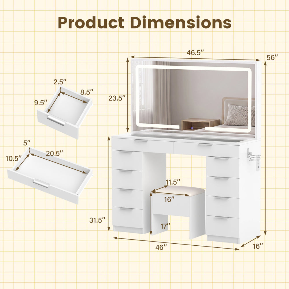 Vanity desk dimensions with mirror and lights, featuring 10 drawers, charging station, and matching stool for makeup.