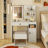 Vanity desk in white with mirror and lights, featuring open shelves, drawer, and cushioned stool for organized beauty.