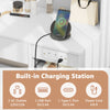 Vanity desk with mirror and lights featuring built-in charging station and adjustable brightness for beauty essentials.