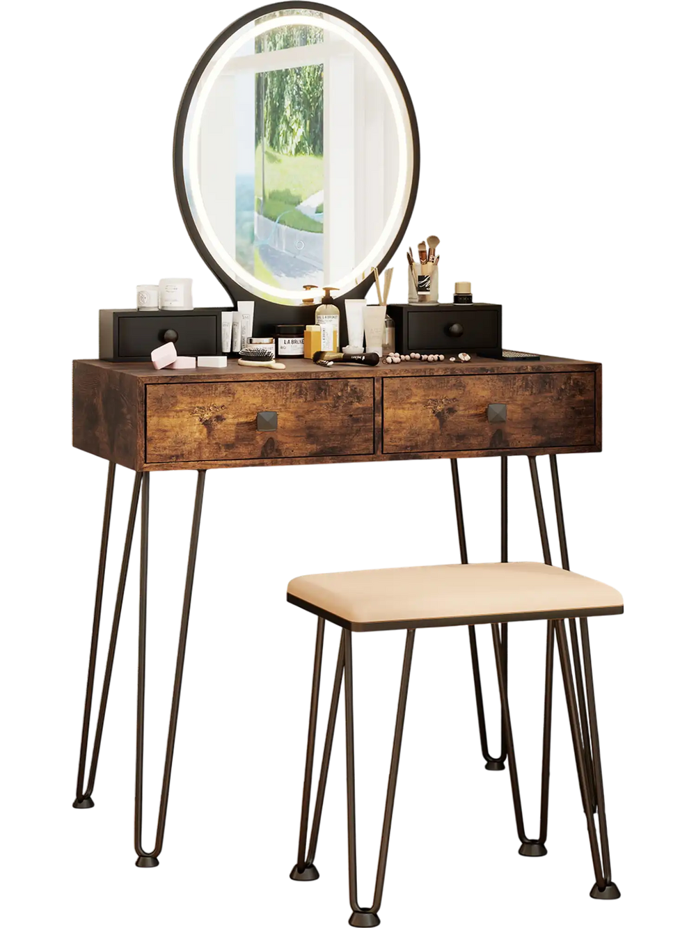 Vanity table set with a lighted mirror, brown MDF, steel legs, and two drawers for organized storage in a stylish.