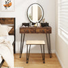 Vanity table set with a round lighted mirror, brown MDF finish, and steel legs, perfect for bedroom makeup organization.