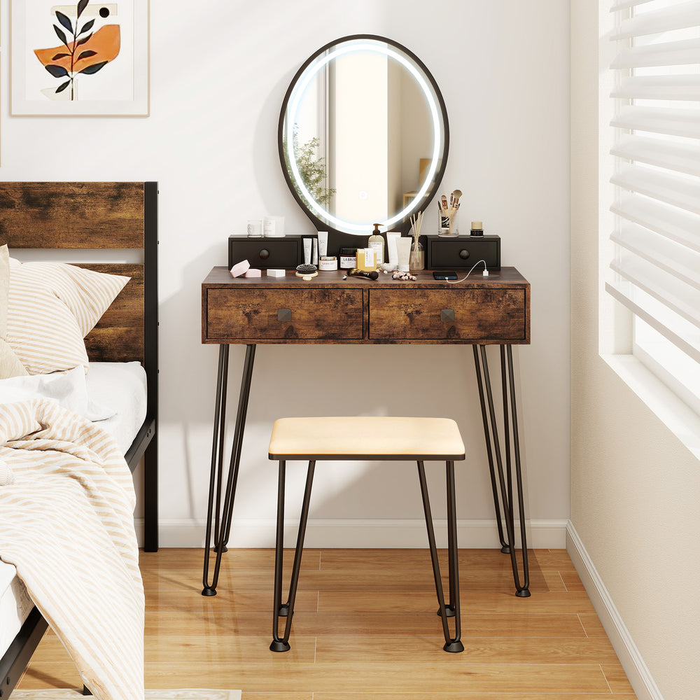 Vanity table set with a round lighted mirror, brown MDF finish, and steel legs, perfect for bedroom makeup organization.