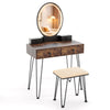 Vanity table set with a lighted dimmable mirror, brown MDF finish, and two storage drawers for cosmetics and jewelry.