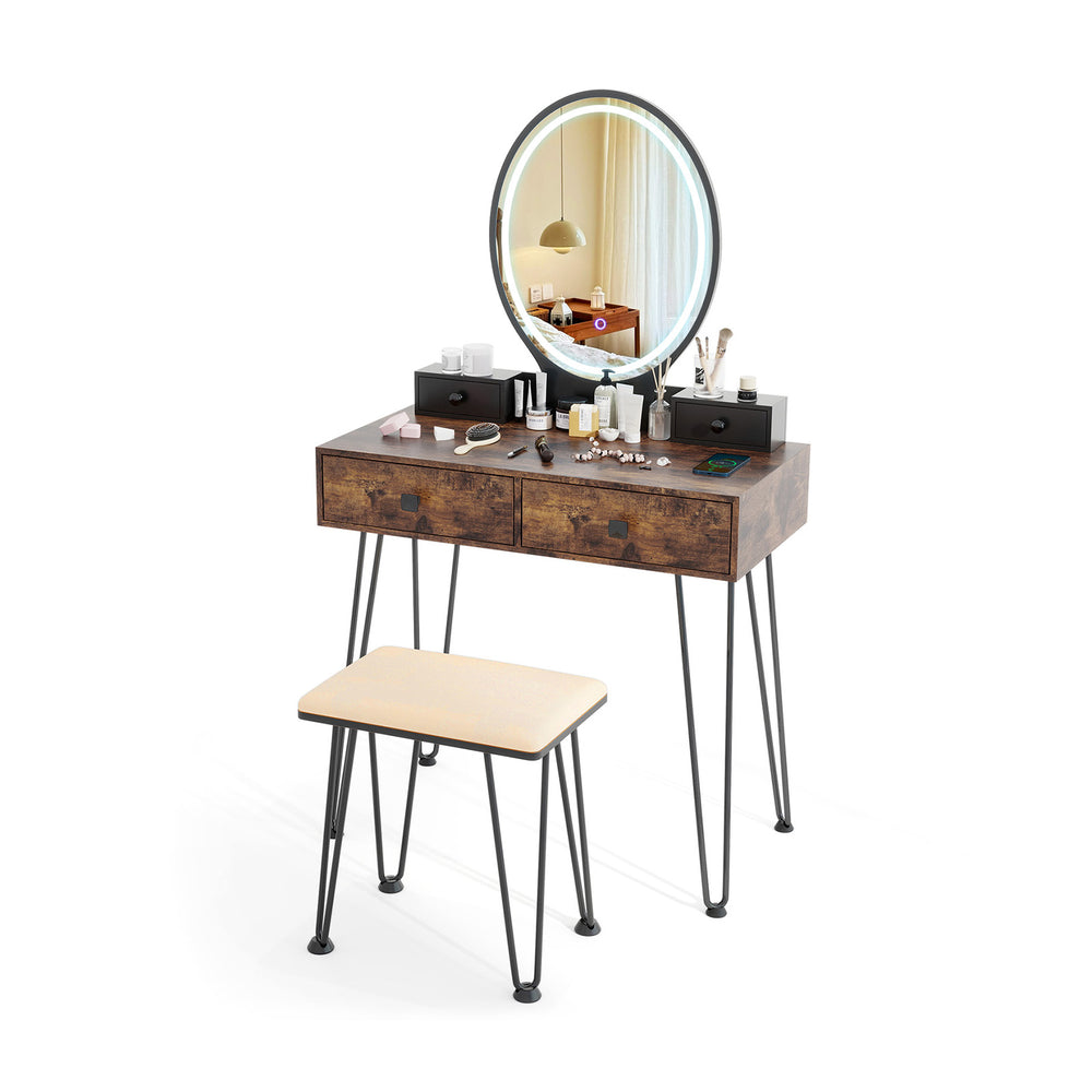Vanity table set with a dimmable LED mirror, brown MDF finish, and sturdy steel legs, perfect for bedroom organization.