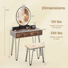 Vanity table set with adjustable LED mirror, brown MDF finish, includes storage drawers and padded stool for bedroom.