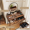 Vanity table set in brown with LED lighted mirror, spacious desktop, and two large drawers for organized storage.