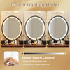 Dimmable mirror with 3 color lighting modes on a modern brown vanity table set, ideal for makeup and storage.