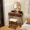 Vanity table set with a brown finish, LED lighted mirror, and storage drawers, perfect for bedroom makeup organization.