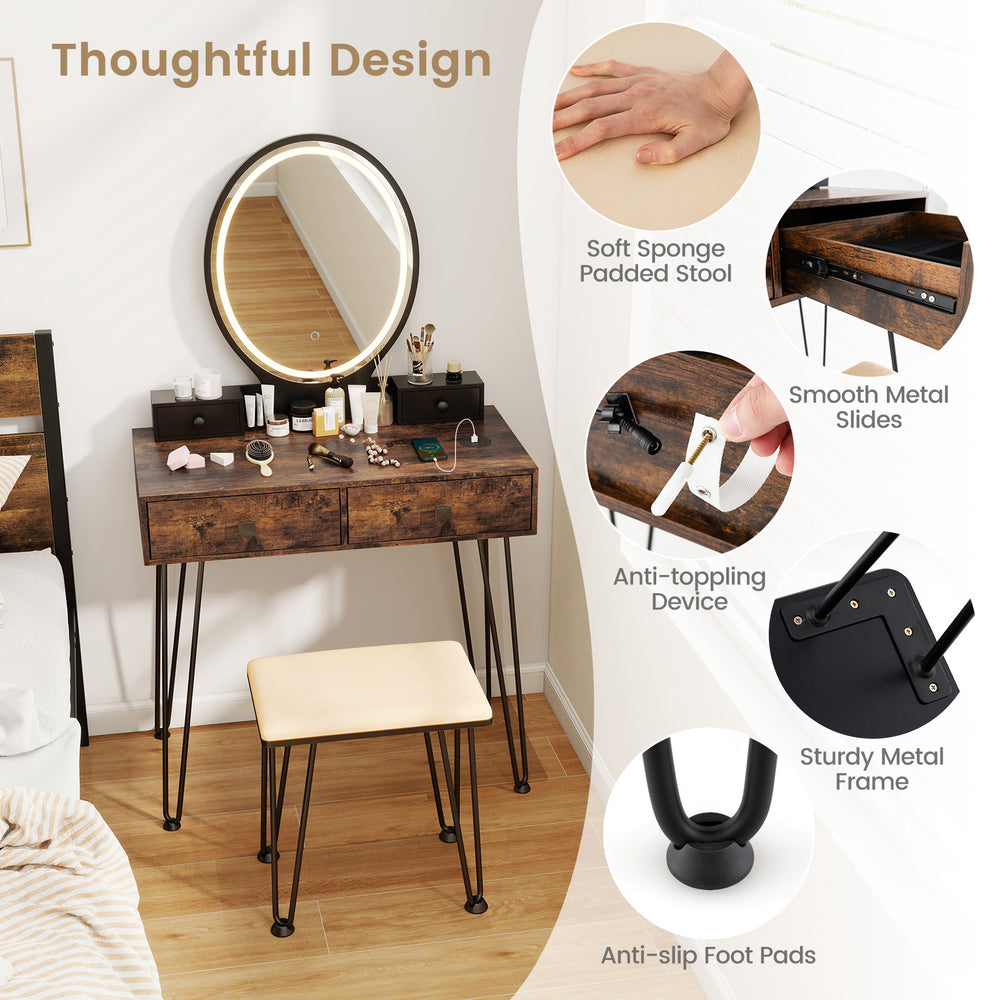 Vanity table set with lighted mirror, brown MDF, and padded stool, perfect for bedroom or dressing room use.