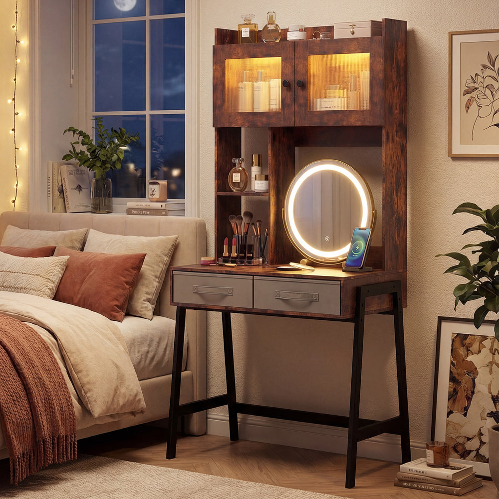 Vanity desk with a 360° rotatable mirror, adjustable lights, and ample storage, perfect for makeup and study use.