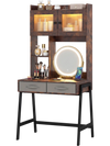 Vanity desk with a 360° rotatable mirror, adjustable lights, and ample storage, perfect for makeup and study.