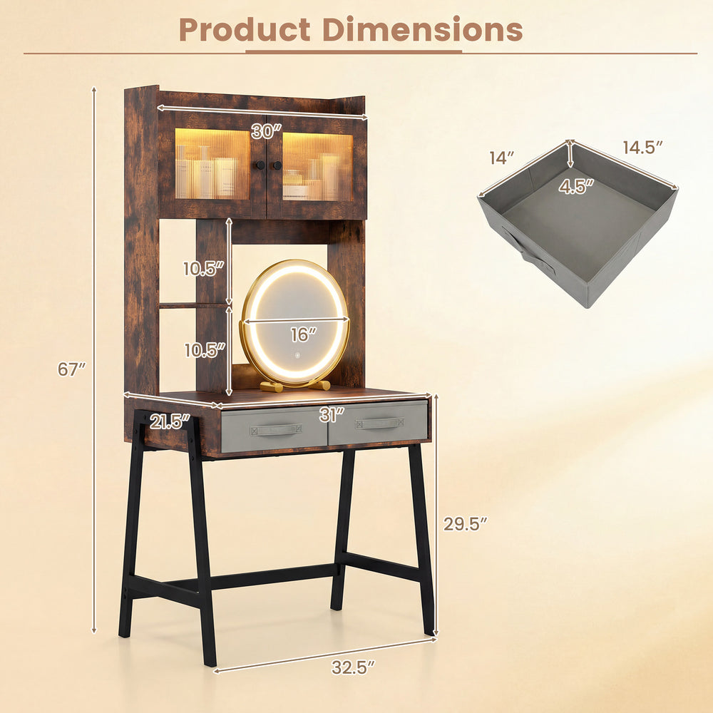 Product dimensions of the vanity desk with rotatable mirror, showcasing its height, width, and storage features for.