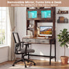 Vanity desk with removable mirror and adjustable lights, featuring ample storage and solid metal legs for stability.